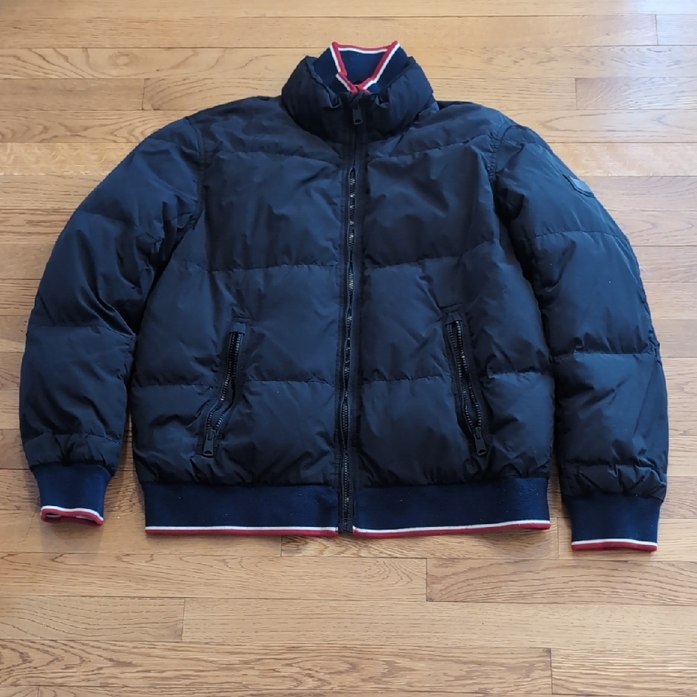 Tommy Hilfiger Men's Black Puffer Jacket with Red and White Trim